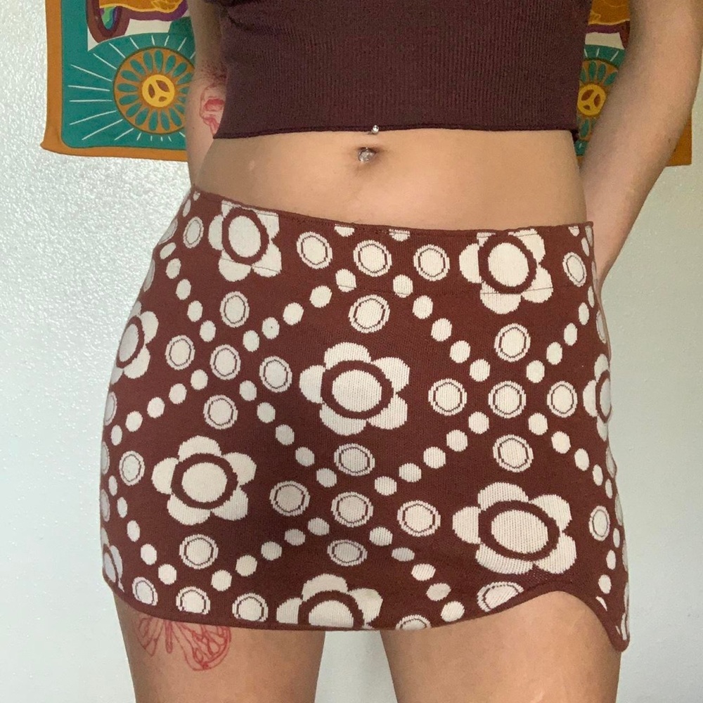 Urban Outfitters Brown Mini Skirt with 70’s-esque style floral pattern